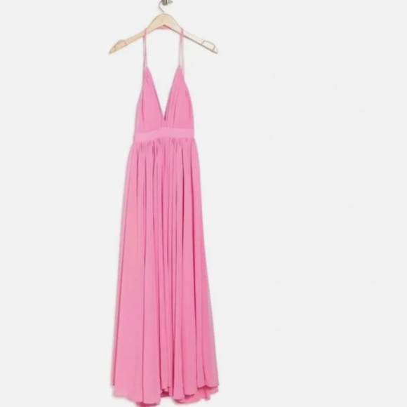 NEW MEGHAN LA Bubble Gum Pink Halter V-Neck Enchanted Garden Maxi Dress LARGE - Picture 2 of 12
